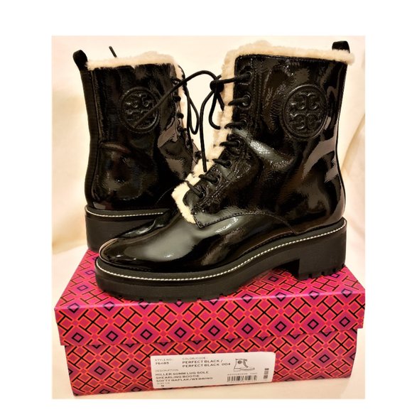 Tory Burch Ankle Boots Sz-9 Black Patent Leather Sheep Fur Inside